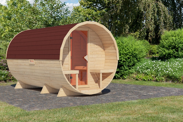 Karibu Saunahaus Fasssauna 3 - 38 mm Sparset inkl. Schindeln inkl. gratis Sauna-Zubehörset im Wert von 234,94 €