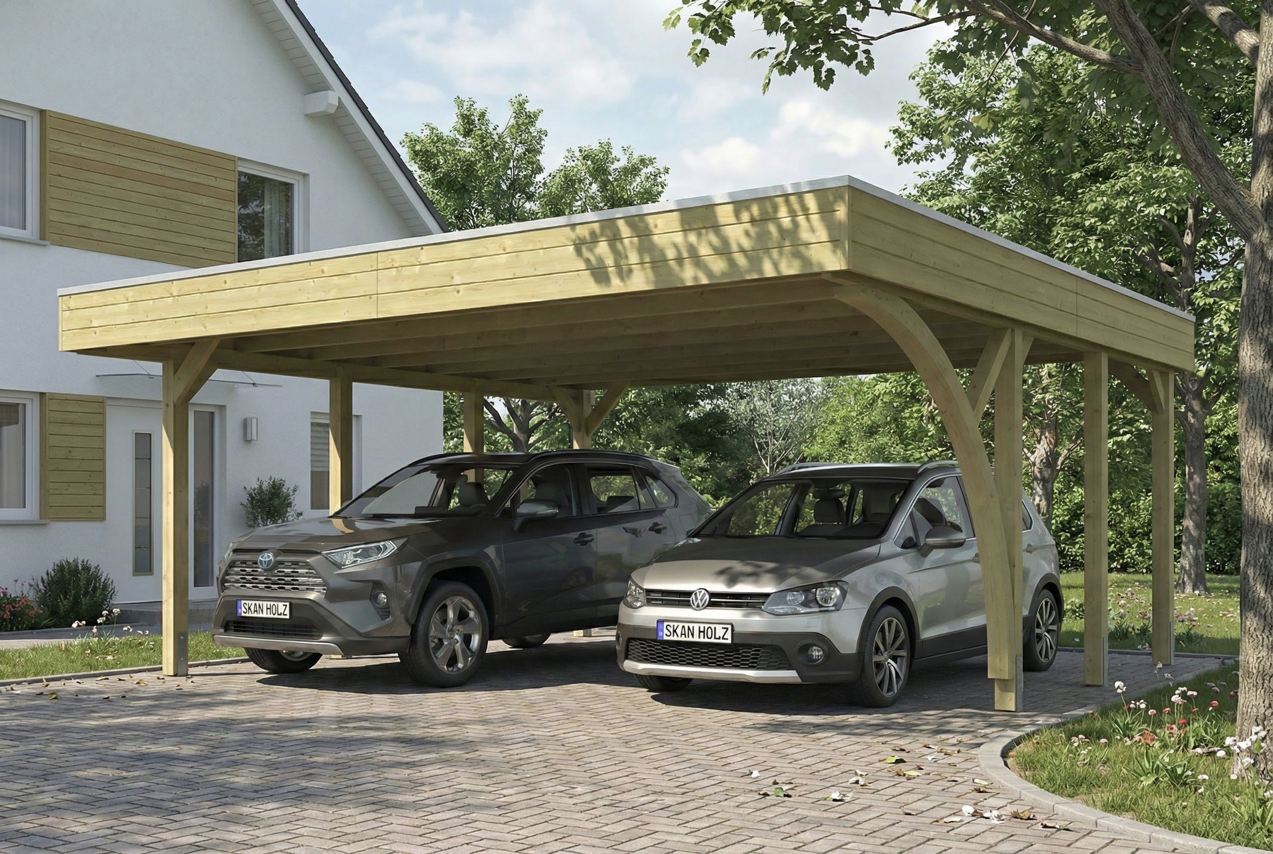 Skan Holz Doppelcarport Friesland 546x555 cm - 1 Einfahrtsbogen Set G