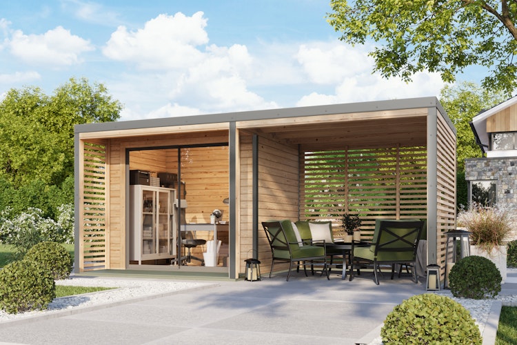 Karibu Design Gartenhaus Saturn A/B mit Aluminium Schiebetüre & Blechpaket - 38 mm