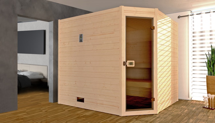 Weka Sauna Valida Eck Gr. 3 mit Glastür+Fenster - Massivholzsauna 38 mm mit Eckeinstieg