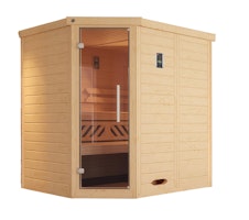 Weka Premium Massivholz-Elementsauna Kemi Eck mit Glastür inkl. Komfortpaket 4,5 kW Saunaofen OS inkl. Steuerung- 45 mm