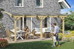 Skan Holz Terrassenüberdachung Bormio - Leimholz Aktionsangebot mit Dachplatten in bronze