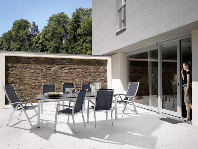 Sieger Stapelsessel TRENTO, Aluminium Graphit / Textilux Grau - Abverkauf 