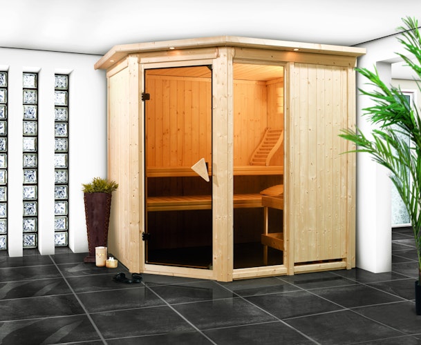 Karibu Sauna Fiona 1 mit Eckeinstieg 68 mm inkl. gratis Sauna-Zubehörset im Wert von 234,94 €