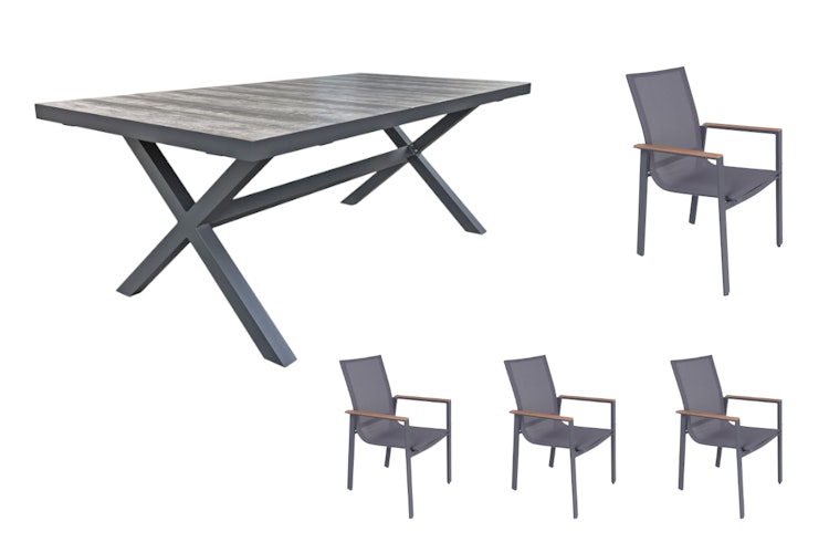 Garden Pleasure Gartenmöbel Set RANA / SILEA 01, Tisch 202 x 100 cm + 4 Stapelsessel, Aluminium / Keramik / Kunststoffgewebe