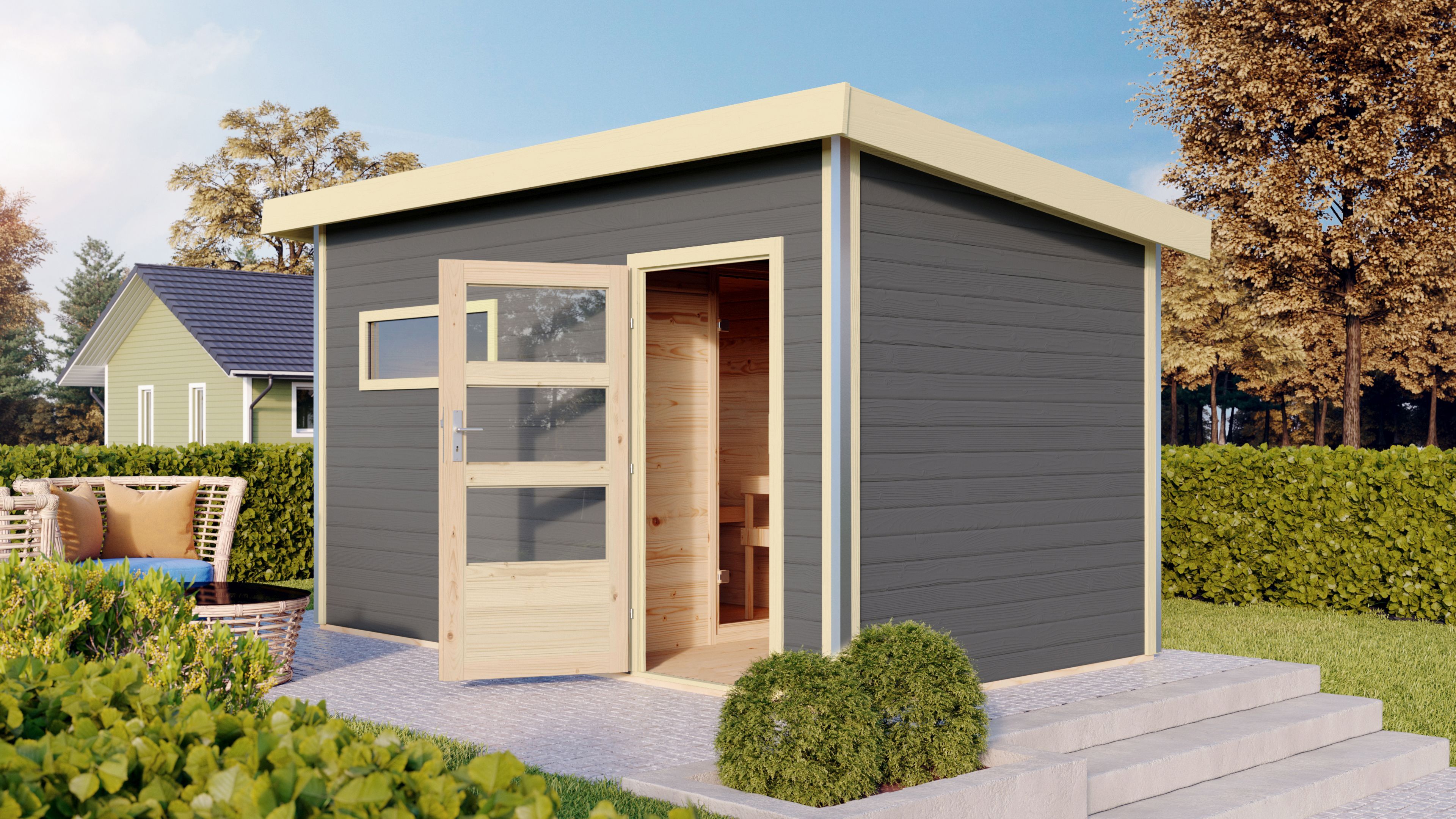 Karibu Saunahaus Skrollan 3 mit Vorraum terragrau (Rechteckfenster)