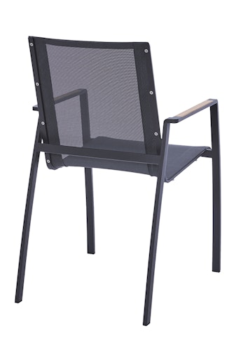 Diamond Garden Stapelstuhl VALENCIA, Edelstahl Dunkelgrau / Sunproof Sling Schwarz/Silber / Teak-Armlehnen