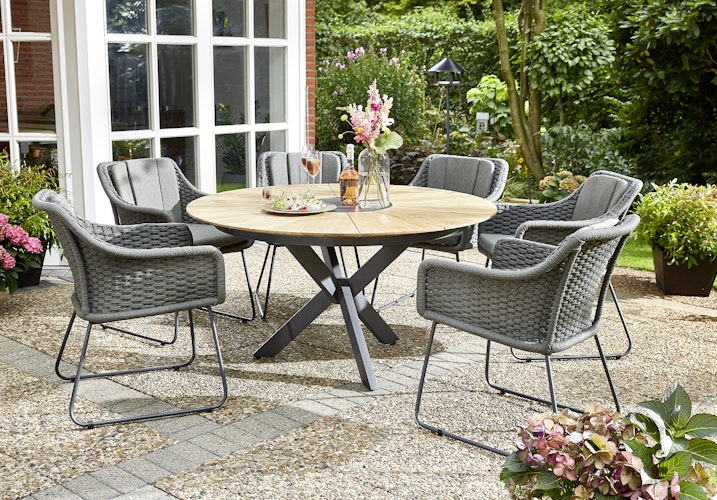 Diamond Garden Dining-Set LYON / KORFU, Tisch + 6 Stühle + Flaschenkühler, Edelstahl Dunkelgrau/ Teak / Rope / Sunproof (100 % Polypropylen)