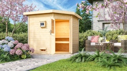 Karibu Gartensauna Pultdach Saunahaus Mikka mit Eckeinstieg naturbelassen inkl. gratis Saunaofen im Wert von 599,99 €