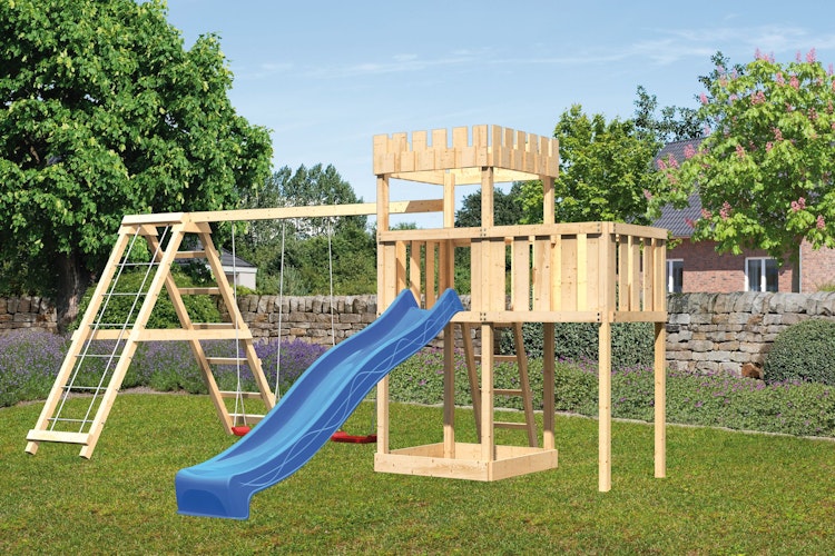 Akubi Kinderspielturm Ritterburg Löwenherz inkl. Wellenrutsche, Doppelschaukelanbau, Klettergerüst und Anbauplattform