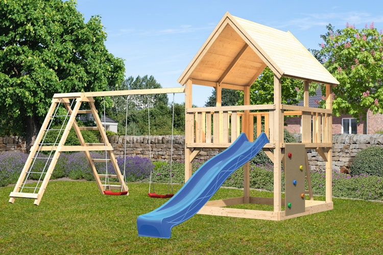 Akubi Kinderspielturm Luis mit Doppelschaukelklettergerüst, Kletterwand und Wellenrutsche