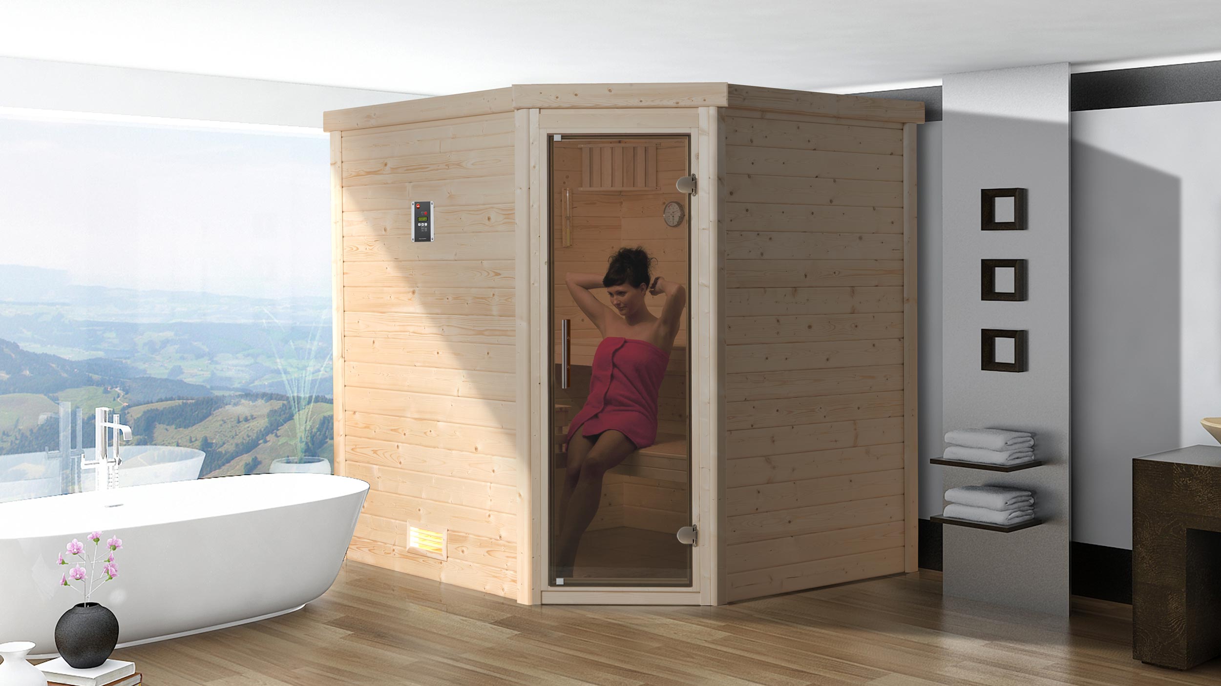 Weka Premium Massivholzsauna Turku 1 Sparset 2 inkl. 7,5 kW Bioaktiv-Ofen und Leuchtenset - 45 mm - "Alles dabei"