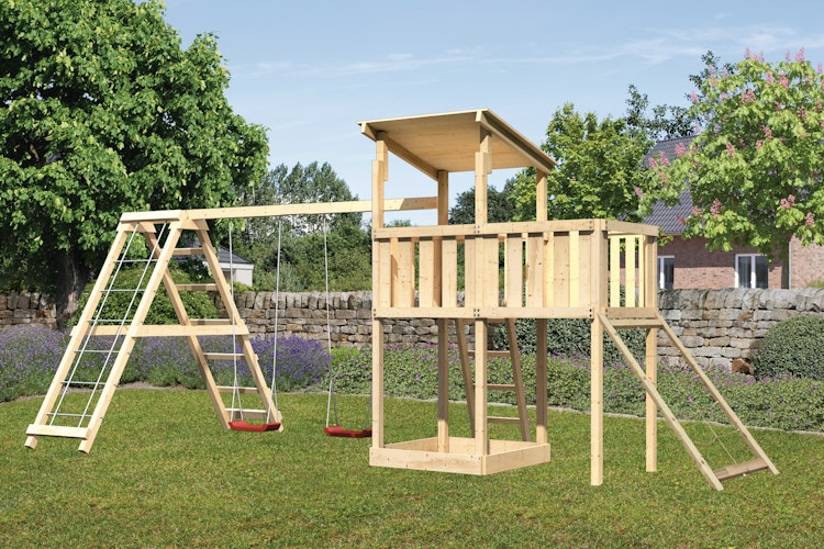 Akubi Kinderspielturm Anna mit Pultdach inkl. Netzrampe, Anbauplattform, Doppelschaukel und Klettergerüst