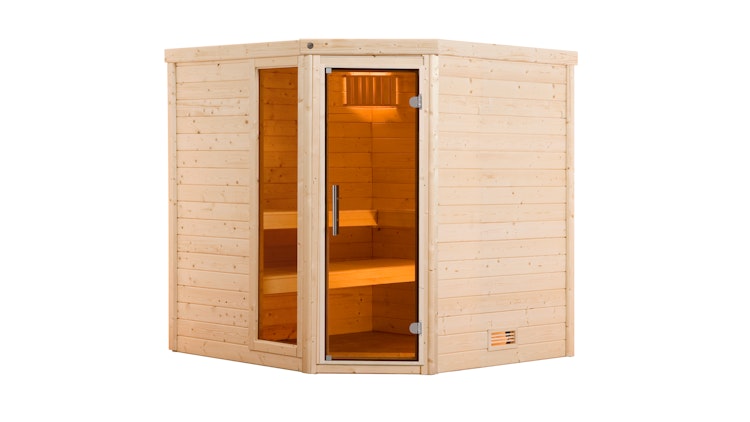Weka Premium Massivholzsauna Turku 1 Sparset 1 inkl. 7,5 kW Ofen und Leuchtenset - 45 mm - "Alles dabei"