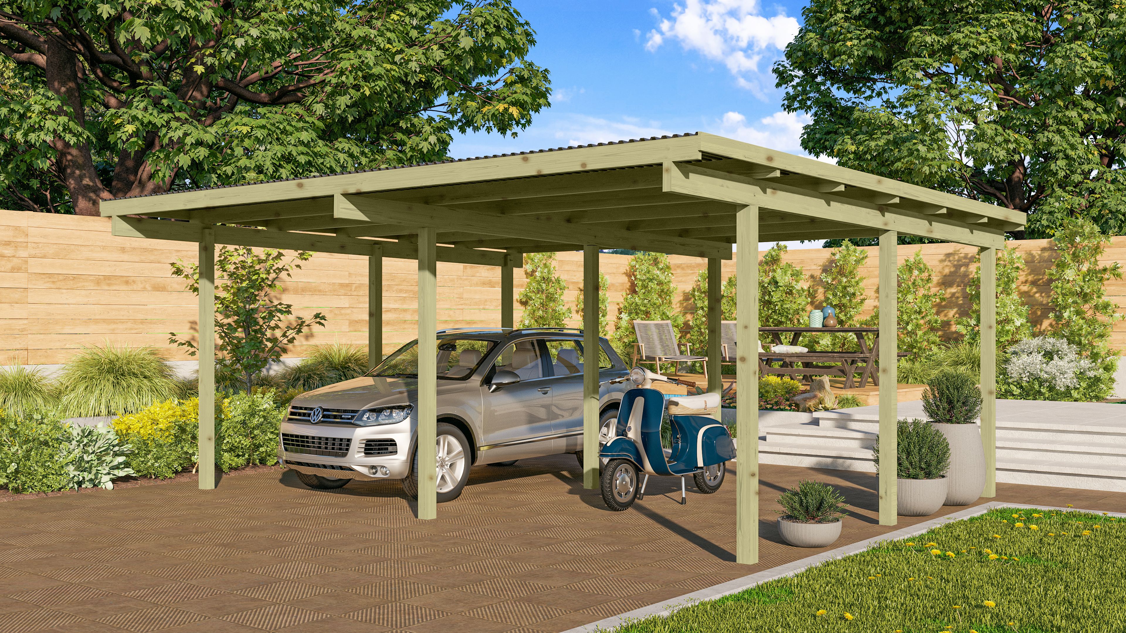 Karibu Carport Doppelcarport Basic 2 - kesseldruckimprägniert inkl. gratis H-Pfostenanker