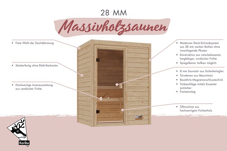 Karibu Sauna Valida (Fronteinstieg) - 28 mm Massivholz Aktionssauna 230 Volt Plug & Play