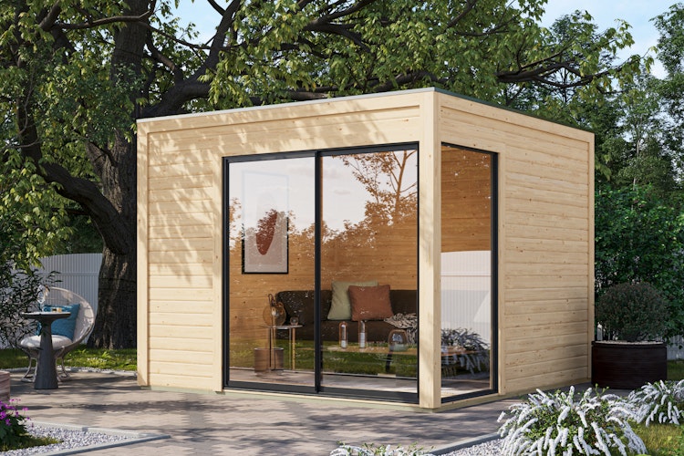 Karibu Design Gartenhaus Dice 1 mit Aluminium Schiebetür - 38 mm (Homeoffice-Gartenhaus)