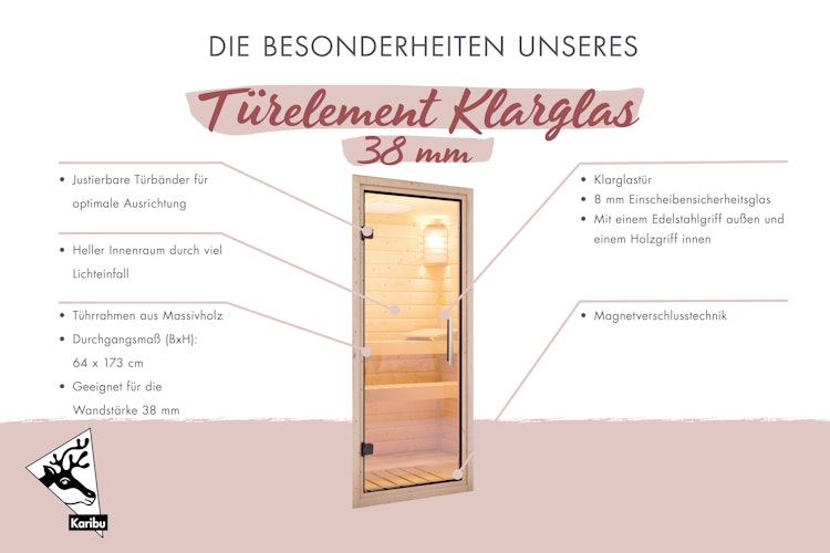 Karibu Klarglastür für 38/40 mm Kabinen