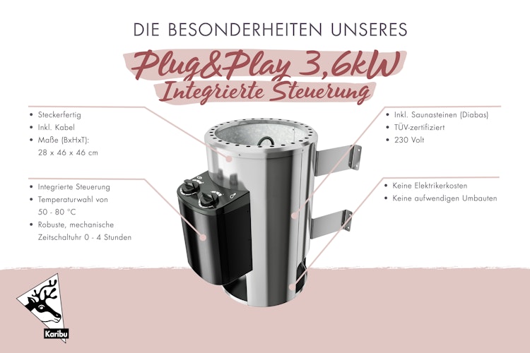 Karibu Saunaofen 3,6 kW Plug & Play finnisch mit integrierter Steuerung