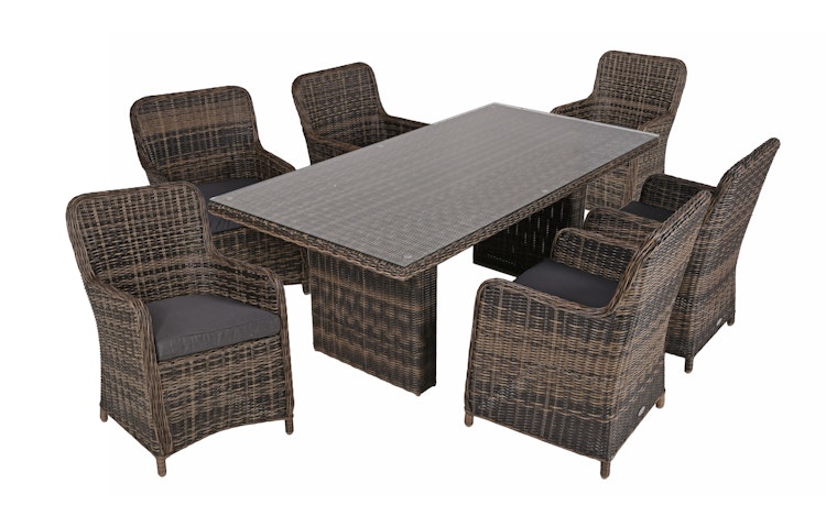 Garden Pleasure Gartenmöbel Set BORDEAUX II, Tisch 200 x 100 + 6 Sessel, Polyrattan Nelkenbraun / Glasplatte / Kissen 100 % Polyester Dunkelgrau