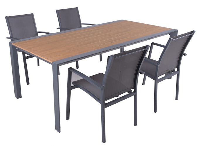 Garden Pleasure Gartenmöbel Set SILEA / ELENA 01, Tisch 200 x 100 + 4 Stapelsessel, Aluminium / Nonwood / Kunststoffgewebe