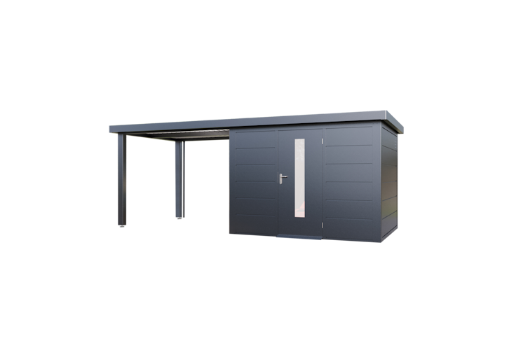 Wolff Finnhaus Premium Metall Gartenhaus Thorin 6024 Anthrazit inkl. 300 cm Anbaudach