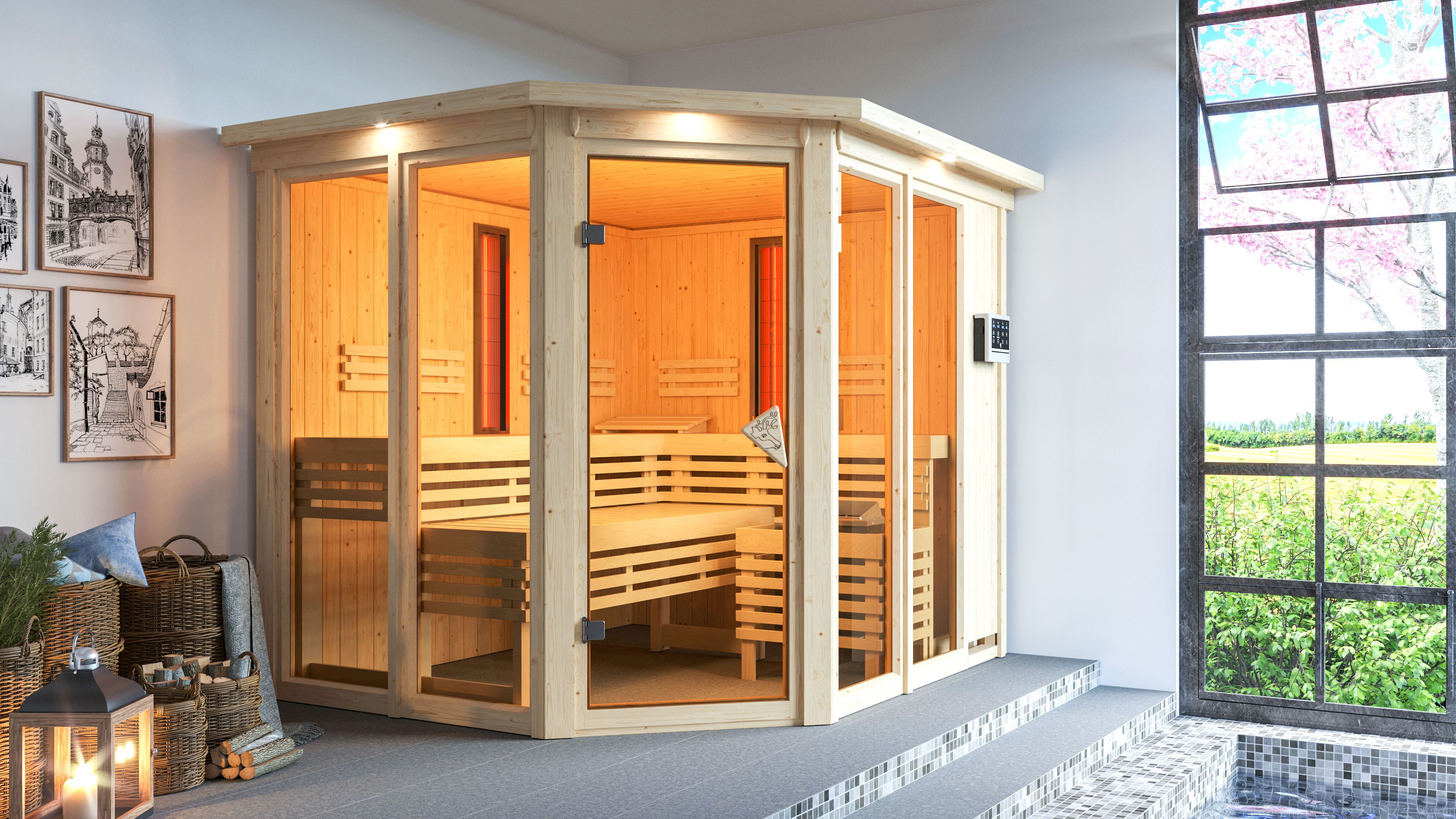 Karibu Multifunktions-Sauna Ava inkl. Infrarotstrahler mit Eckeinstieg 68 mm inkl. 5-teiligem Gratis-Zubehörpaket im Wert von 100 €