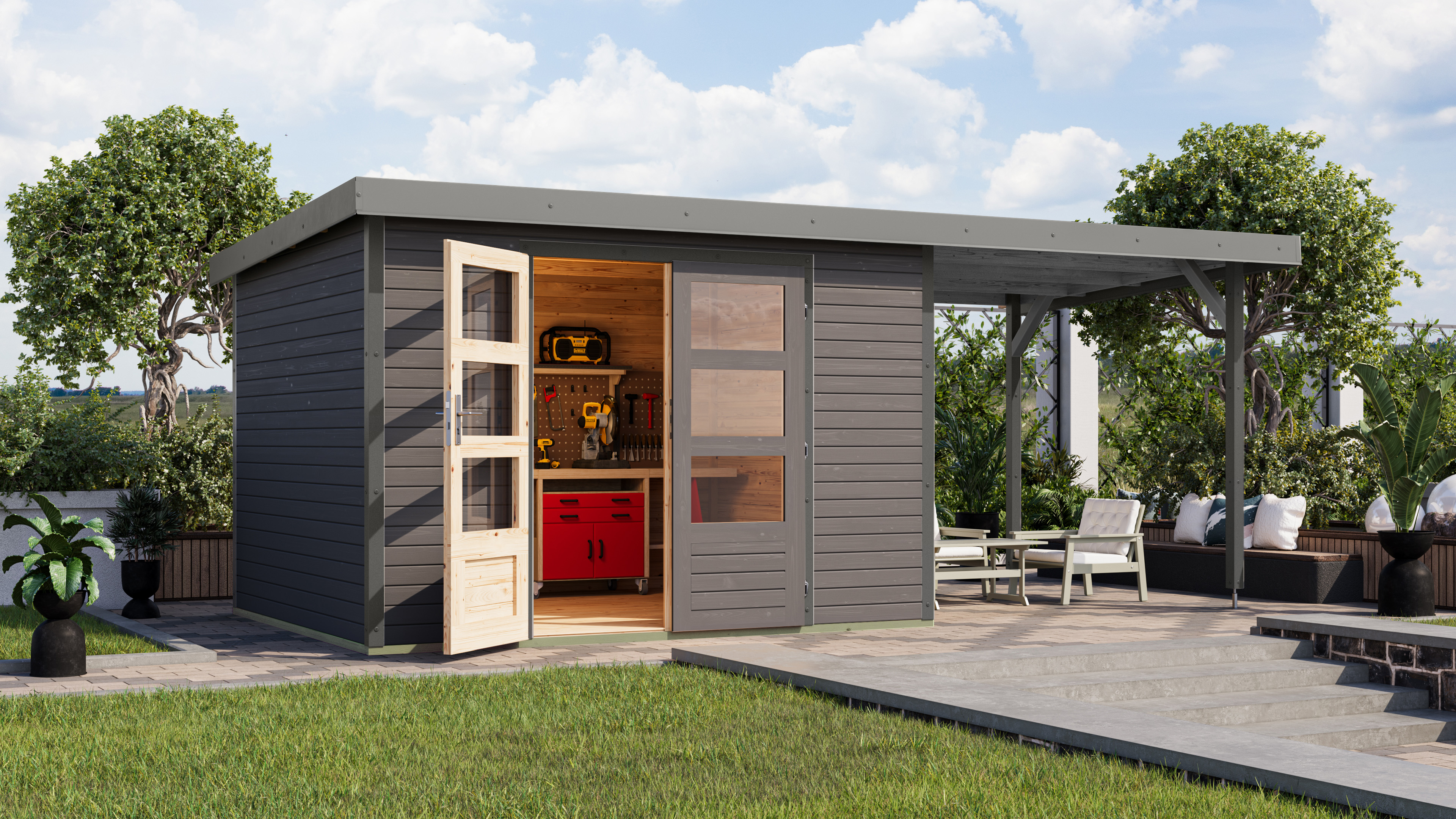 Karibu Metall-Holzgartenhaus Hybridhaus Jupiter A/B/C/D - 19 mm/0,5 mm