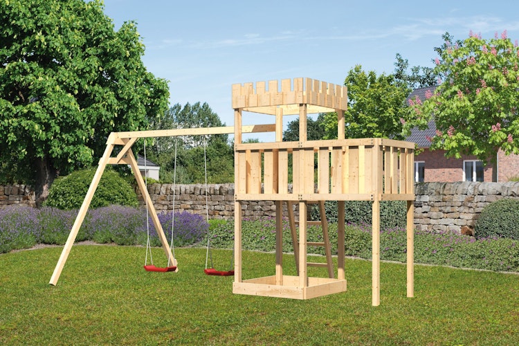 Akubi Kinderspielturm Ritterburg Löwenherz inkl. Doppelschaukelanbau und Anbauplattform
