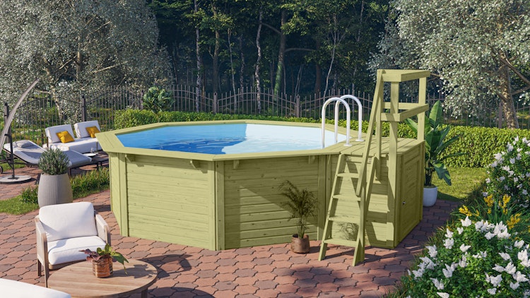 Karibu Pool Modell X1 400 x 400 cm mit Terrasse - kesseldruckimprägniert mit Metallecken