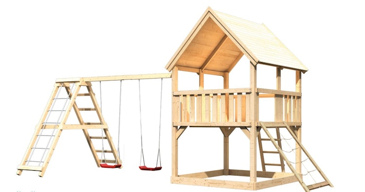 Akubi Kinderspielturm Luis mit Doppelschaukelklettergrüst inkl. Netzrampe