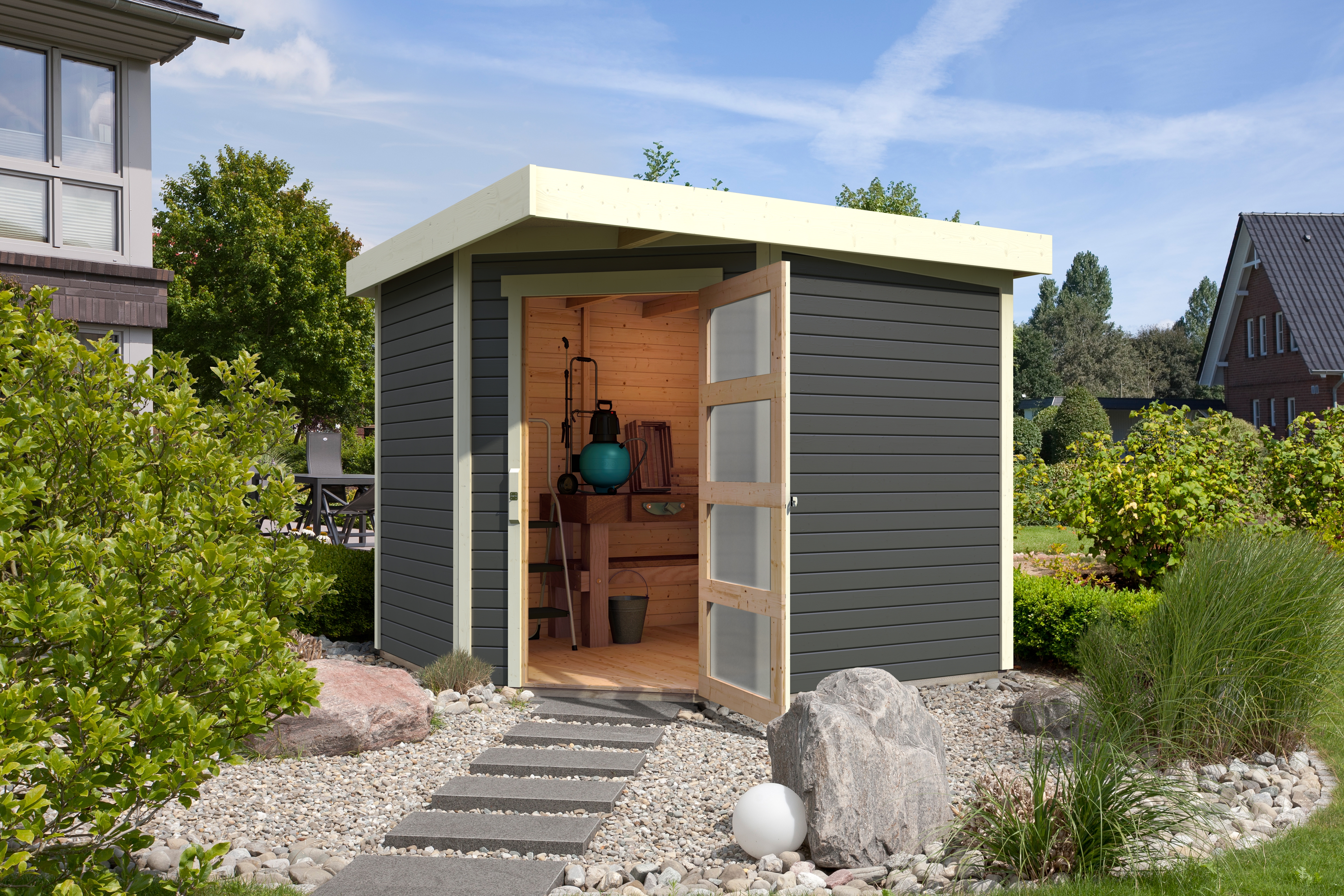Karibu Woodfeeling Gartenhaus Schwandorf 3/5 - 19 mm inkl. gratis LED-Strahler/Solarpaneel