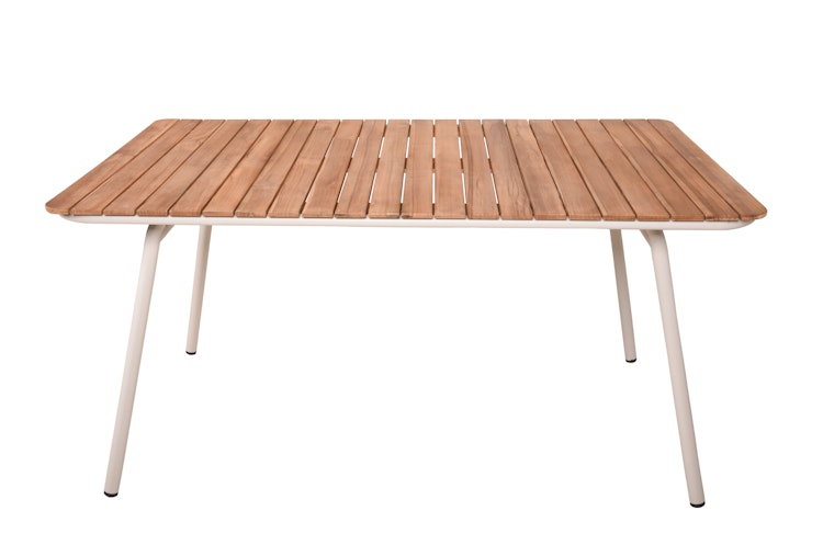 Garden Pleasure Gartenmöbel Set CARMEL, Tisch 150 x 90 + 4 Stapelsessel, Stahl Weiß / Teak / Rope