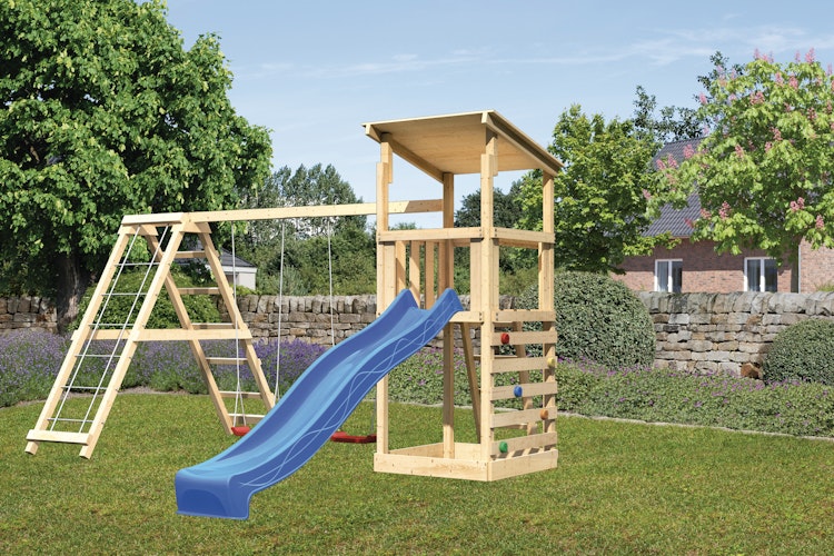 Akubi Kinderspielturm Anna mit Pultdach inkl. Wellenrutsche, Kletterwand, Doppelschaukel und Klettergerüst