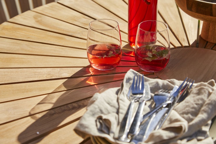 Cinas Gartenmöbel Set ELLEN / MOOD, Klapptisch Ø 110 cm + 4 Stühle, Aluminium Anthrazit / Teak / Kunststoff-Lamellen