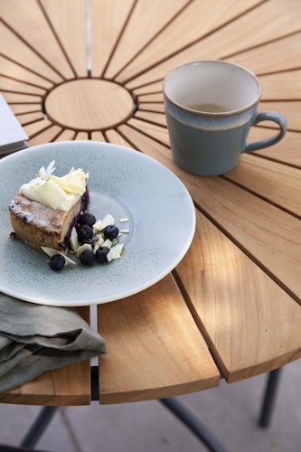 Cinas Balkon-Set ELLEN / PARC, Kaffeetisch Ø 80 cm + 2 Sessel, Aluminium Anthrazit / Teak