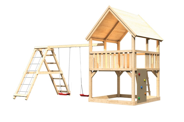 Akubi Kinderspielturm Luis mit Doppelschaukelklettergrüst inkl. Netzrampe