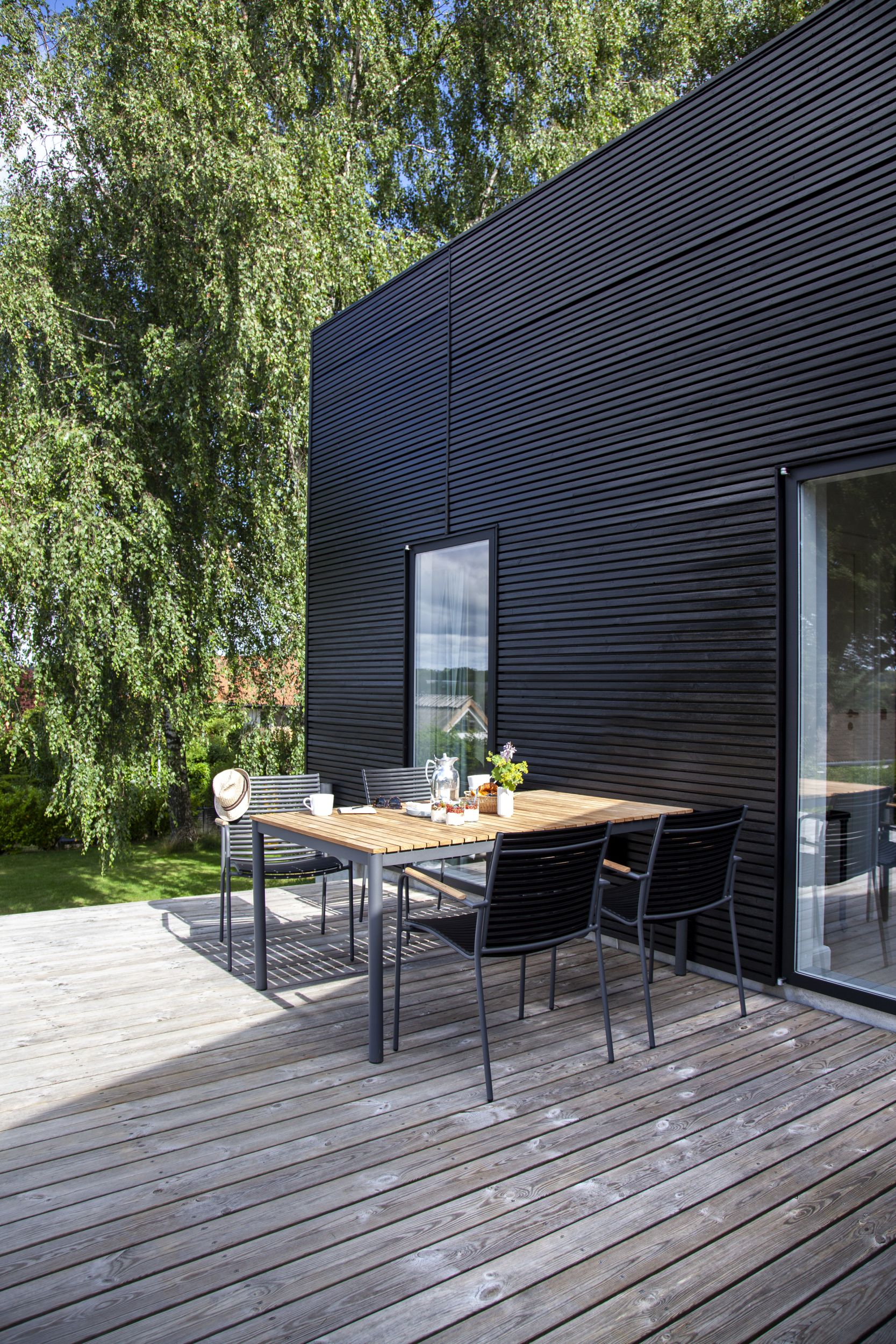 Cinas Gartenmöbel Set MOOD, Tisch 170 x 100 + 4 Stühle, Aluminium / Teak / Kunststoff-Lamellen