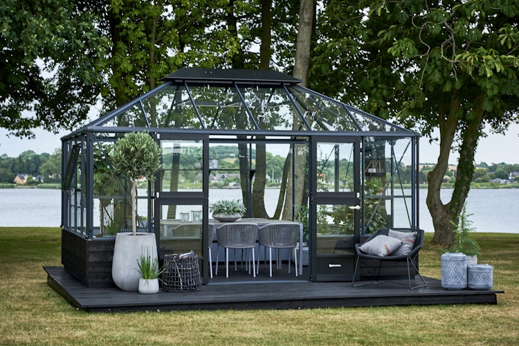 Juliana Gewächshaus Grand Oase anthrazit - 3 mm Sicherheitsglas - für Mauer - 13,0 m²