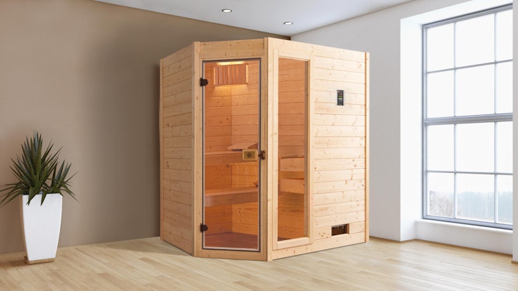 Weka Sauna Valida Eck 1 mit Glastür/Fenster- Massivholzsauna 38 mm