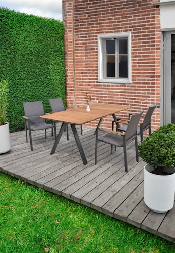 Garden Pleasure Gartenmöbel Set DAVINA 01, Tisch 180 x 90 +  4 Stapelsessel, Aluminium / Teak / Kunststoffgewebe