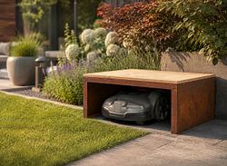 Badeko Mährobotergarage in Edelrostoptik mit Lärchenholzabdeckung H 35cm, B 80cm, T 70cm