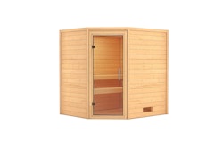 Karibu Woodfeeling Sauna Mia - 38 mm -Ohne Dachkranz-Klarglas Ganzglastür inkl. gratis Saunaofen im Wert von 599,99 €