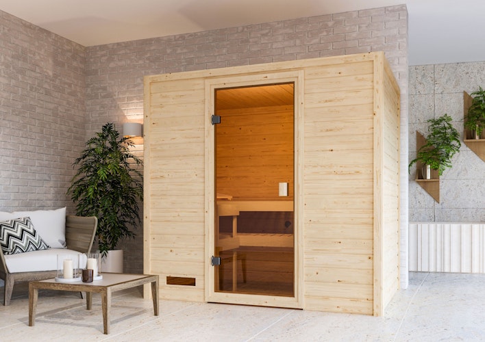 Karibu Woodfeeling Sauna Selena - 38 mm Massivholz Aktionssauna inkl. gratis Sauna-Zubehörset im Wert von 234,94 €