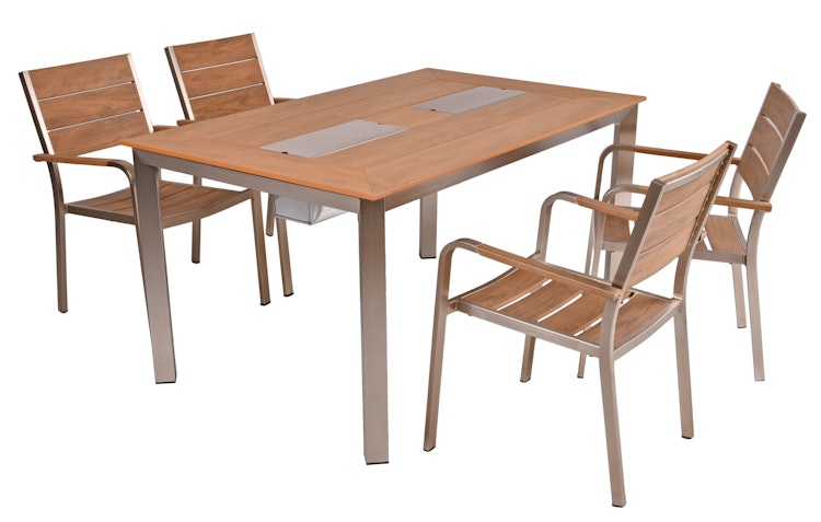 Garden Pleasure Gartenmöbel Set FLORENCE 07, Tisch 150 x 90 + 4 Stapelsessel, Aluminium / Nonwood