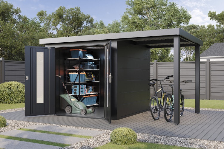 Wolff Finnhaus Premium Metall Gartenhaus Elvar 3924 Anthrazit inkl. 150 cm Anbaudach