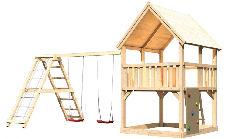 Akubi Kinderspielturm Luis mit Doppelschaukelklettergrüst inkl. Kletterwand