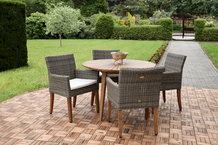 Garden Pleasure Gartenmöbel Set FREMONT / NORVELL, Tisch Ø 110 + 4 Sessel, Akazie / Polyrattan Pfefferbraun / Kissen 100 % Polyester Taupe