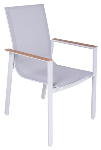 Garden Pleasure Gartenmöbel Set VENICE 01, Tisch 200 x 100 + 4 Stapelssessel, Alu Weiß / Nonwood Teak-Optik / Kunststoffgewebe Hellgrau