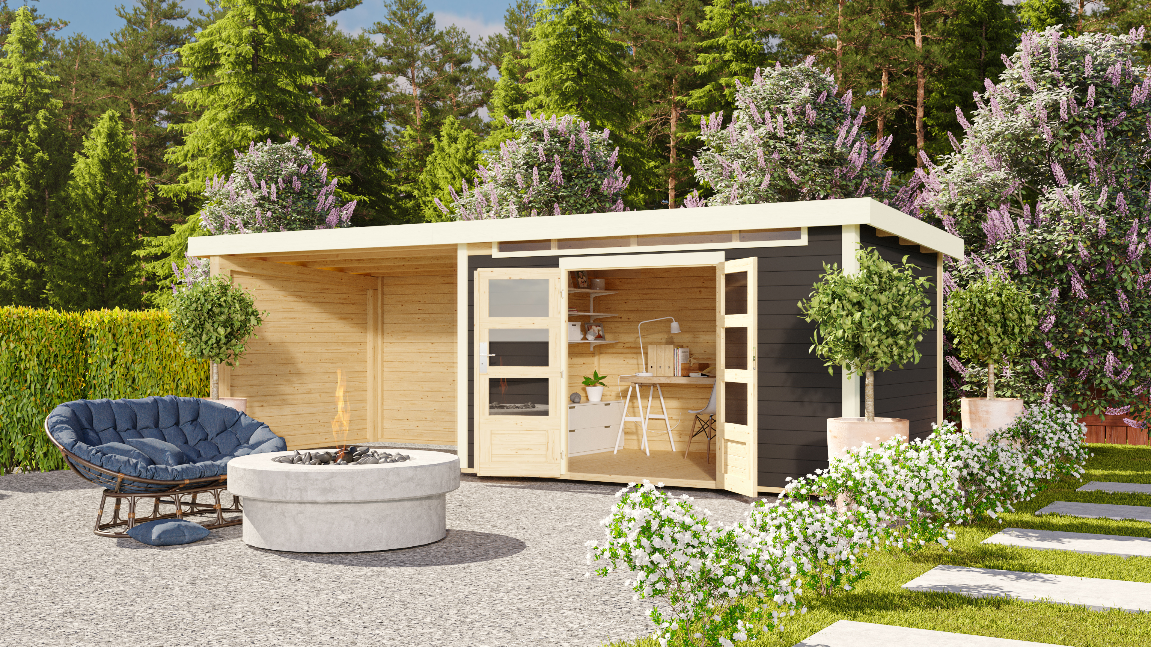 Karibu Woodfeeling Gartenhaus Kandern 6/7 mit 300 cm Schleppdach + Rückwand